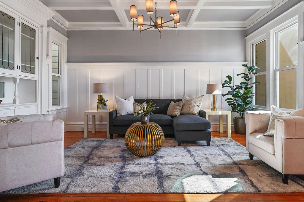 Modern living space with gray sectional