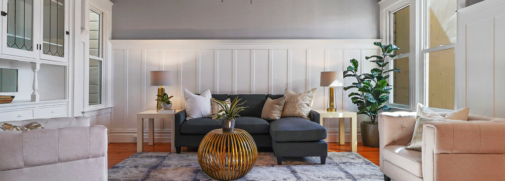 Modern living space with gray sectional