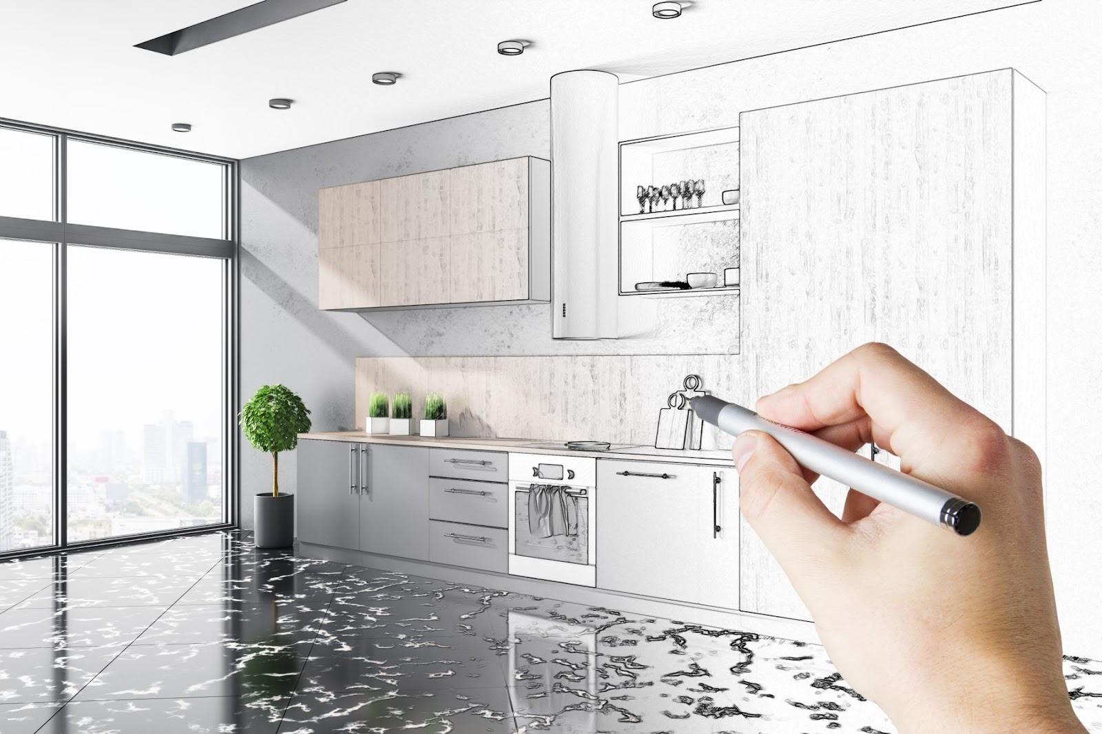 Designer sketching a loft-style kitchen interior with cabinetry, furniture, and natural light