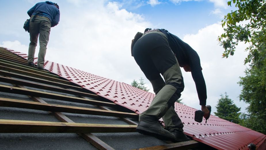 Roofers installing shingles during a residential roof replacement using a power screwdriver
