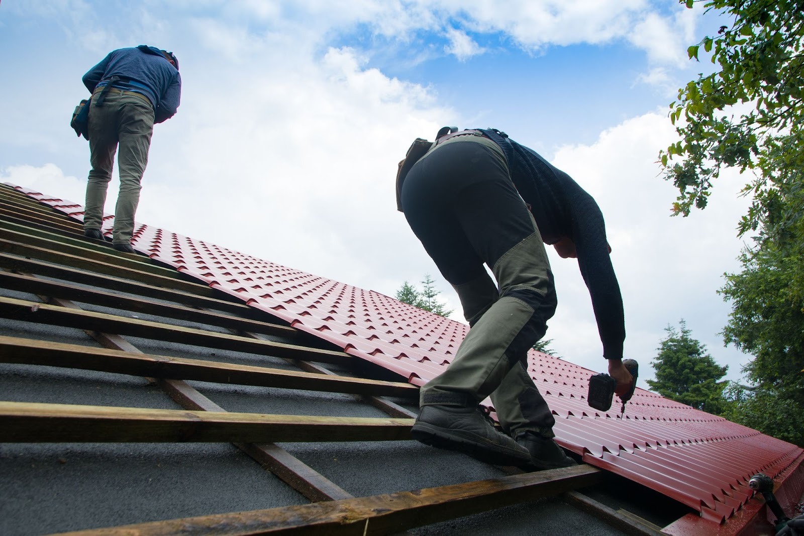 Roofers installing shingles during a residential roof replacement using a power screwdriver