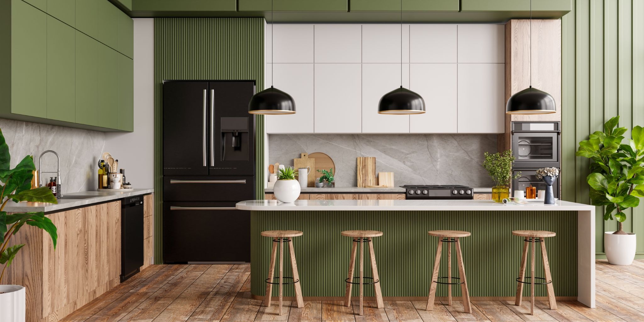 Stylish kitchen with green cabinets, a spacious island, and bar stools