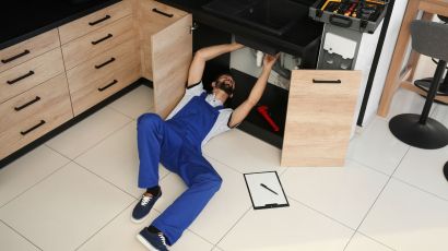 Professional plumber inspecting and repairing pipes beneath a kitchen sink cabinet