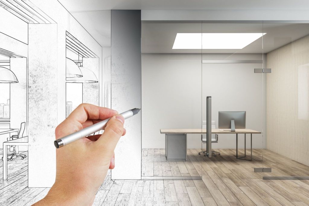 Commercial office design planning with a hand-drawn meeting room concept and a city view backdrop