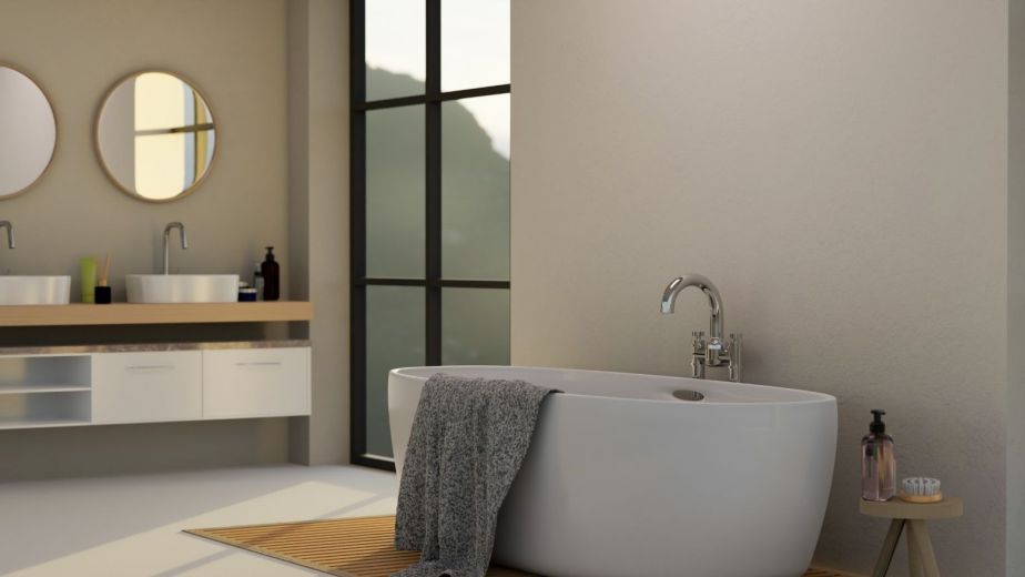 Modern bathroom remodel with a soaking tub, dual vanity sinks, smart storage features, glass walls, and a neutral color palette