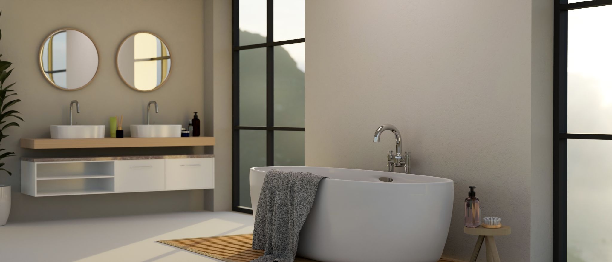 Modern bathroom remodel with a soaking tub, dual vanity sinks, smart storage features, glass walls, and a neutral color palette